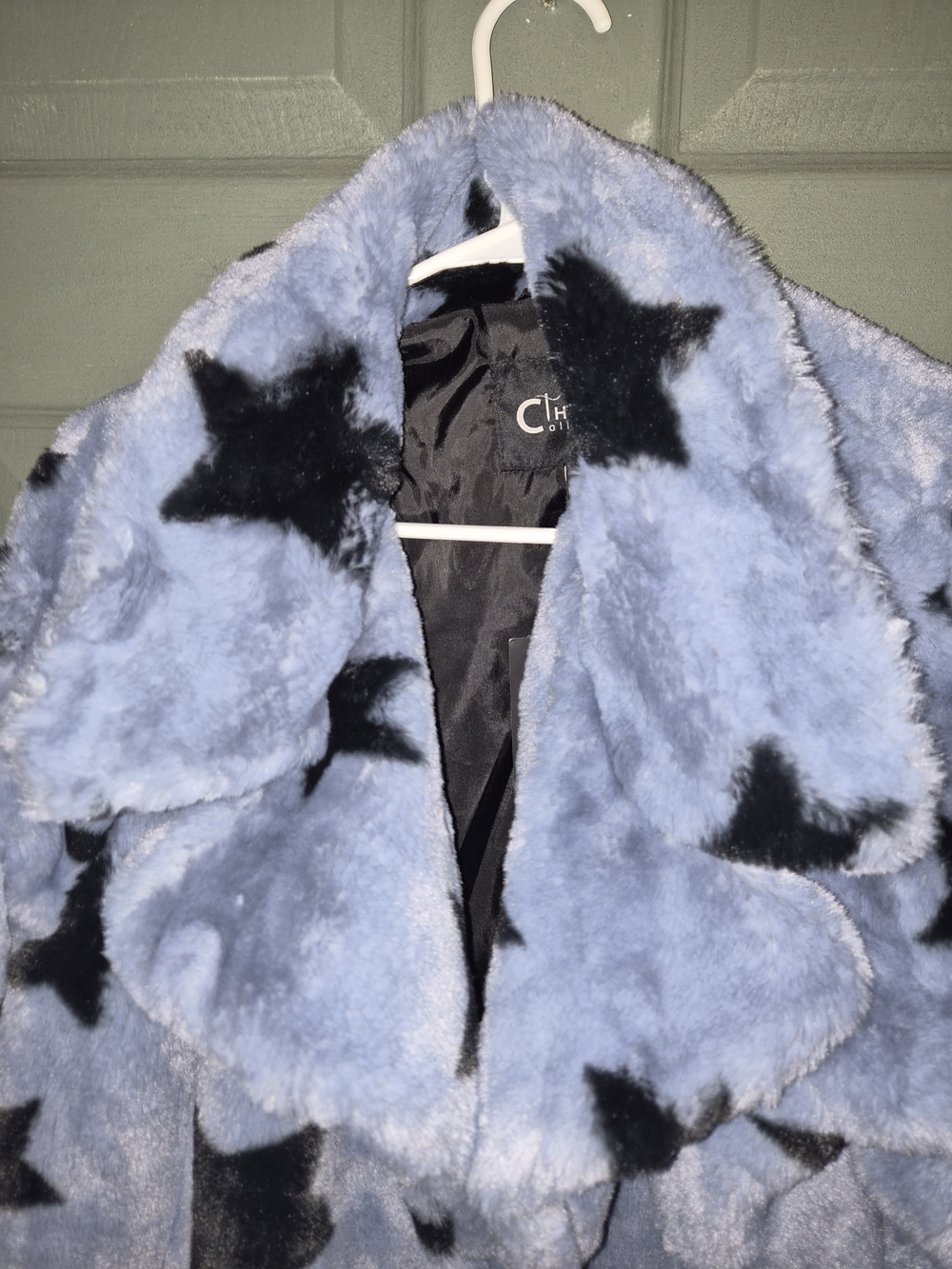 NVLT Light Blue Faux Fur Peacoat with Black Star Print - Picture 5 of 14